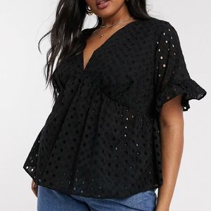 ASOS Curve Broderie Smock Top with Fluted Sleeves in Black